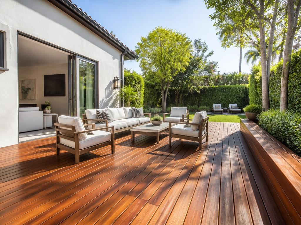 Richly stained cedar deck in Los Angeles backyard
