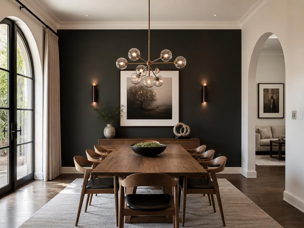 Dramatic charcoal accent wall in modern dining room