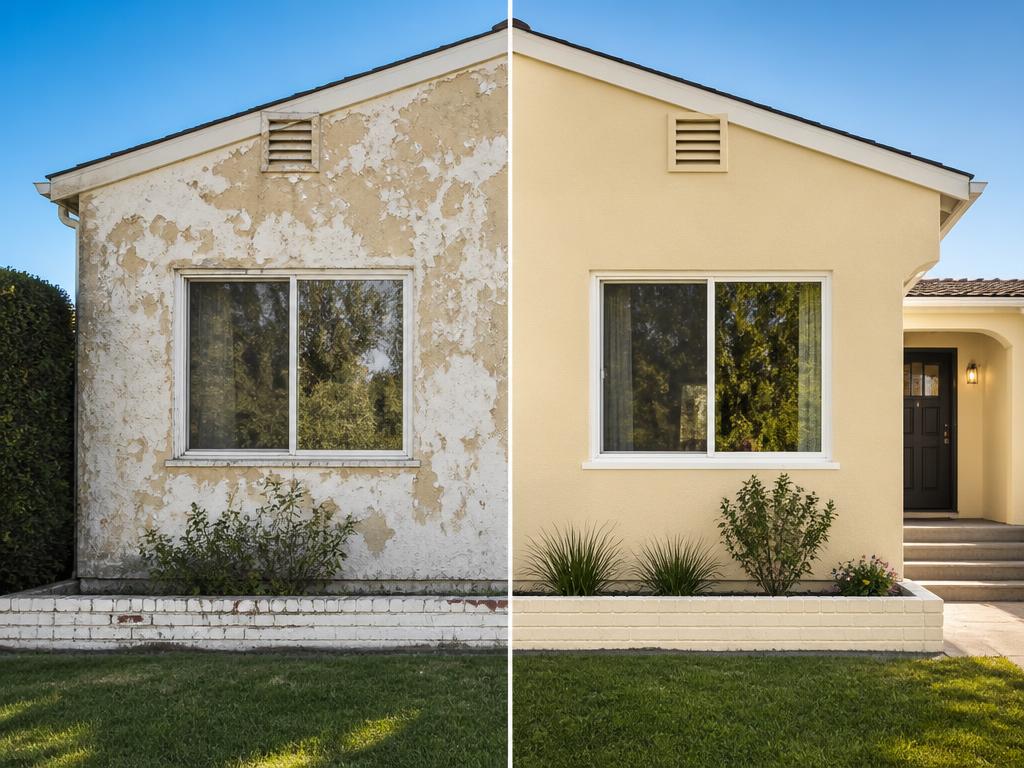 Before and after stucco repair on Los Angeles home